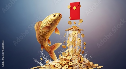 Golden Fish and Prosperity: A captivating image features a golden fish leaping towards a red envelope, accompanied by a shower of gold coins, symbolizing wealth, fortune, and good luck.