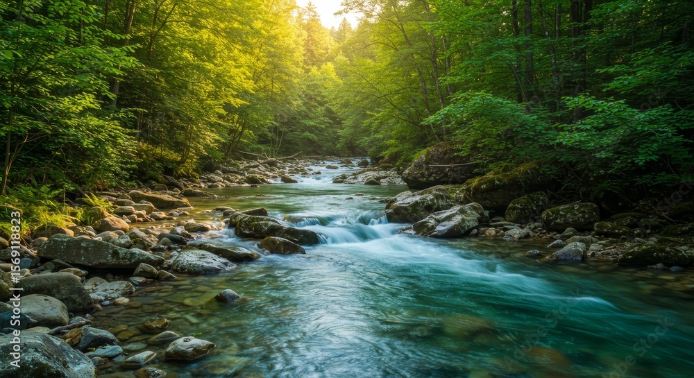 Fototapeta premium Serene River flowing through lush green forest