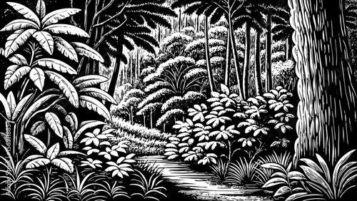 A subtropical mountain slope with banana plants, dense vines, and tropical flora a black and white line art illustration