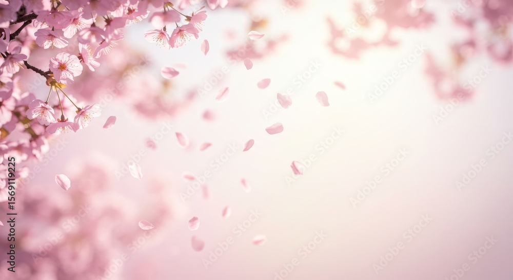 Cherry blossoms in full bloom with soft petals falling, the background fading to a pale pink to white gradient. Cherry blossoms in full bloom with soft petals falling, the background fading to a pale pink to white gradient.
