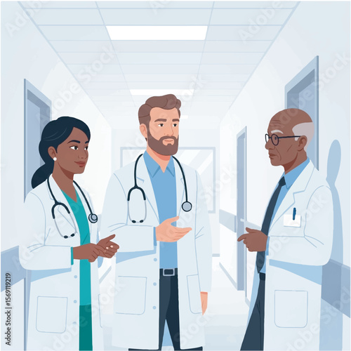 Doctors Discussing Medical Cases in Hospital Corridor | Healthcare Team Collaboration