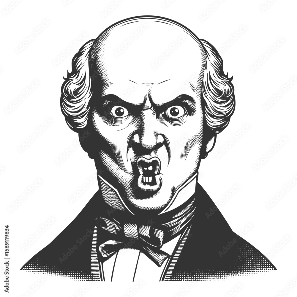 Fototapeta premium man in formal clothing with a furious yet comically exaggerated facial expression sketch engraving generative ai fictional character vector illustration. Scratch board imitation. Black and white image