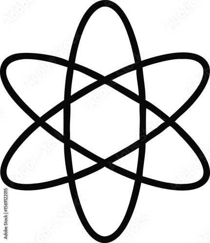 Abstract geometric atom symbol with intersecting elliptical orbits on white background