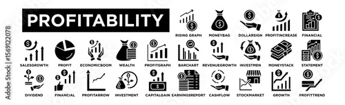 Rising Graph, Money Bag, Dollar Sign, Profit Increase, Financial Report, Bar Chart, Revenue Growth, Investment Return, Money Stack, Income Profitability icon set. Editable Stroke Icon Collection.
