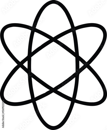 Abstract black atom symbol with intersecting elliptical orbits on white background