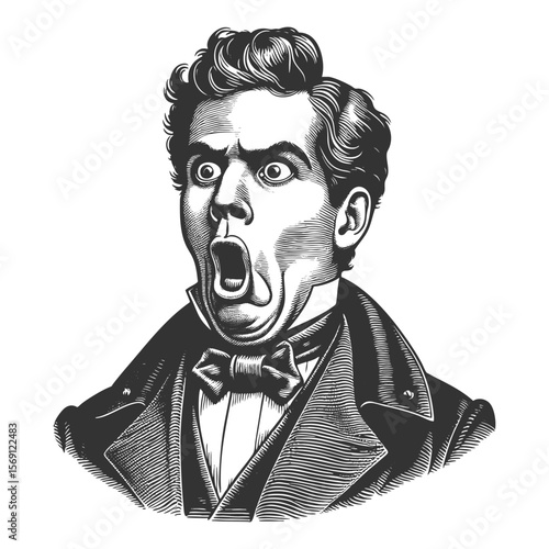 man with wide eyes and puckered lips, expressing shock or amazement in vintage attire sketch engraving generative ai fictional character vector illustration. Scratch board imitation. Black and white.