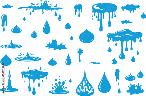 Water Splash and Droplets – Blue Liquid Elements, Drop Icon Set, Splashing Vector, Fluid, Wet, Rain, Design Symbols