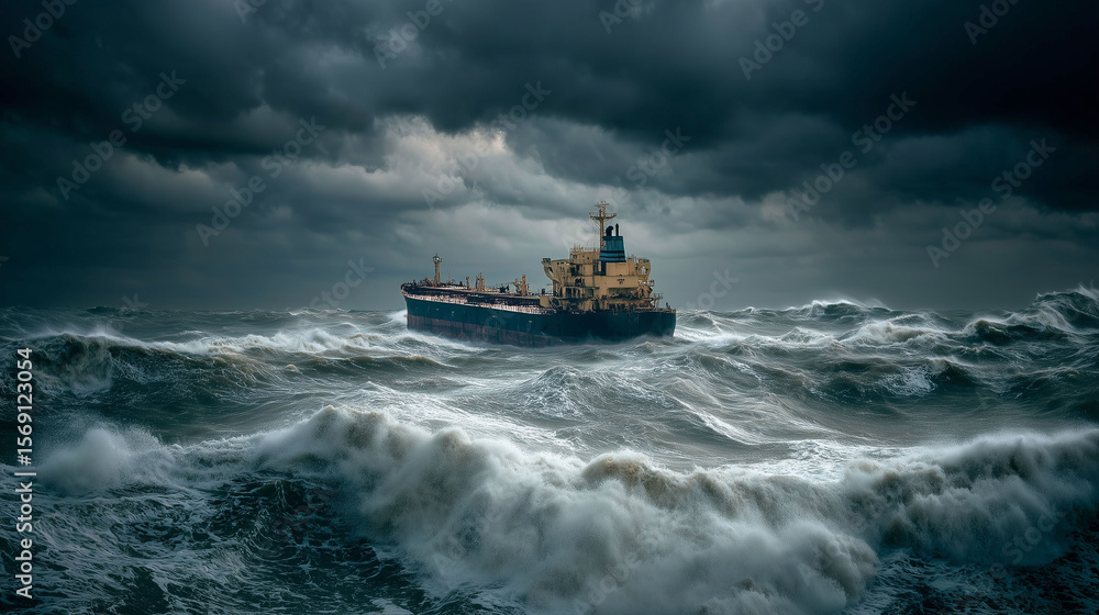 Cargo ship, dark clouds and big waves, dramatic lighting, maritime danger scene Cargo ship, dark clouds and big waves, dramatic lighting, maritime danger scene