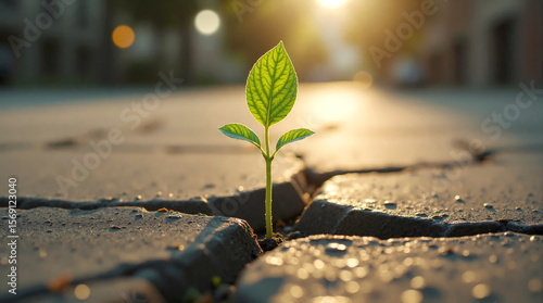 Fototapeta Naklejka Na Ścianę i Meble -  A small green plant pushing through a crack in concrete pavement, bathed in warm sunlight. Symbolizes hope, resilience, new beginnings, and overcoming obstacles in an urban environment.