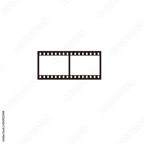 A black vector illustration of a film strip featuring two blank rectangular frames and sprocket holes along the top and bottom edges, set against a stark white background.
