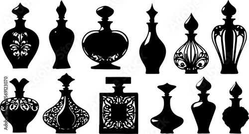 a collation of elegant black silhouette perfume bottles each with a unique and stylize design