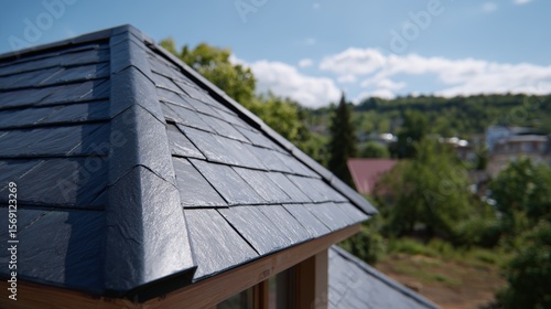 Close-up of synthetic slate roof with matte texture against scenic sky.