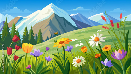 Vector art of colorful mountain meadow blooms under a bright blue sky