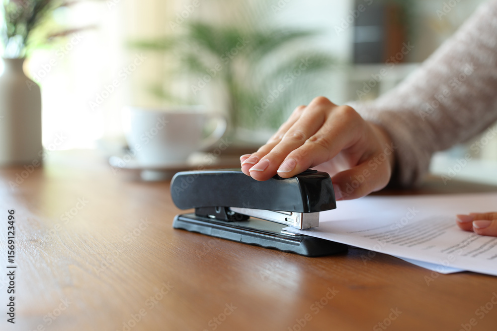 Fototapeta premium Closeup of a woman hand stapling papers on a table at home