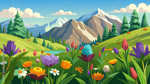 Vector art of vibrant wildflowers carpet a rolling green hillside leading to snowy mountain peaks