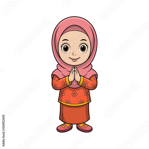 Kindness and Respect: Adorable young person in traditional attire, hands gently pressed together in a respectful gesture of greeting. A symbol of warmth, welcome, and cultural appreciation.