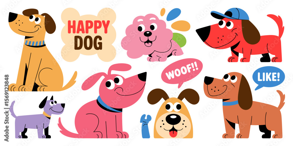 Obraz premium Happy Dog's Playtime: A vibrant illustration featuring an array of playful canine characters. Each dog radiates joy, making it perfect for projects that celebrate fun.