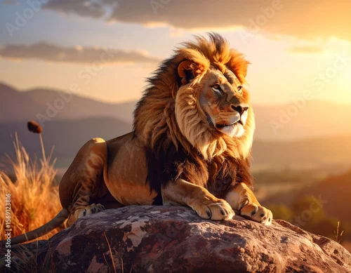 Obraz majestatyczny lew o zachodzie słońca
