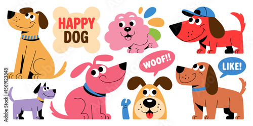 Happy Dog's Playtime: A vibrant illustration featuring an array of playful canine characters. Each dog radiates joy, making it perfect for projects that celebrate fun.