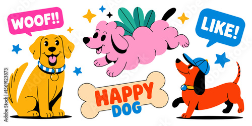 Happy Dog Cartoon Collection: Delightful cartoon dogs, each with their unique charm, convey messages of joy and happiness with speech bubbles and cheerful imagery.