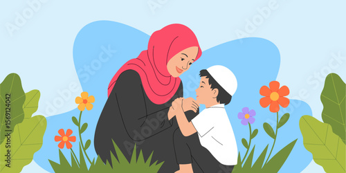 Mother and Child's Tender Moment: A loving mother embraces her child in a moment of shared intimacy, surrounded by the gentle beauty of nature, creating a picture of unconditional love and comfort.