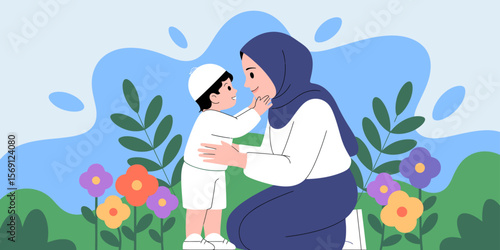 Heartfelt Bond: In a vibrant illustration, a mother and child share an intimate moment amidst a flourishing garden. Capturing the essence of maternal tenderness and the innocent bliss of childhood.