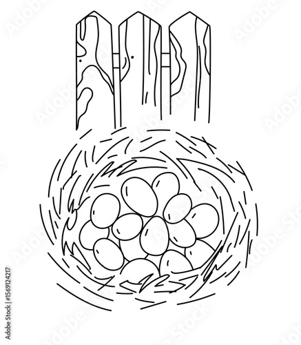 Monochrome doodle sketch of a bird nest with eggs inside. Simple children book illustration or coloring page. Minimalist farm and nature decor.  Hand drawn line drawing .Vector doodle illustration