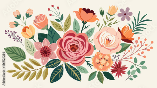 Vector art of an enchanting display of blooming flowers and foliage