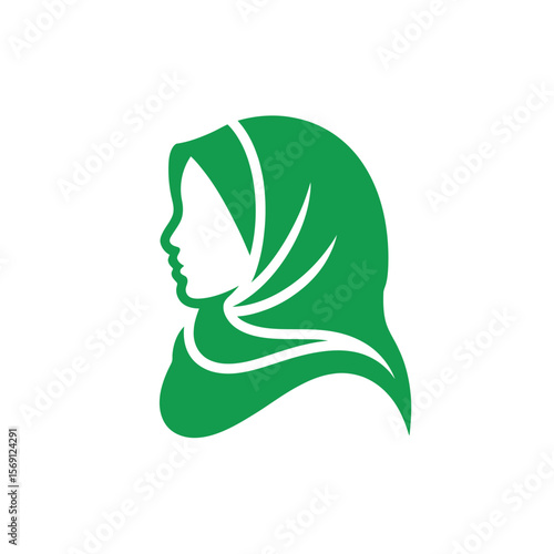 Modest Silhouette: A serene green silhouette of a woman wearing a hijab, a symbol of faith and cultural identity, representing modesty and grace.