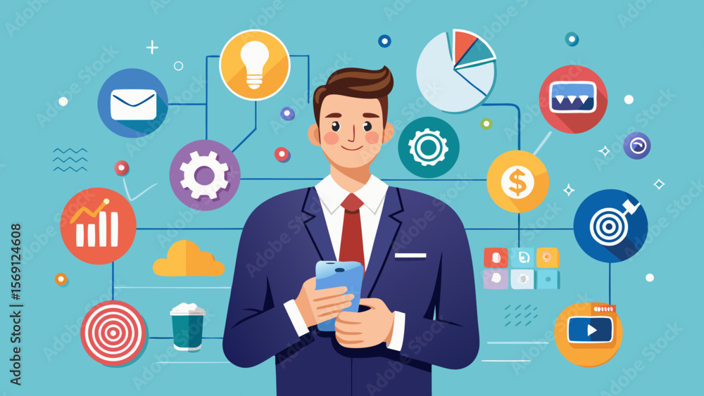 Vector art of man with smartphone and various business icons Vector art of man with smartphone and various business icons