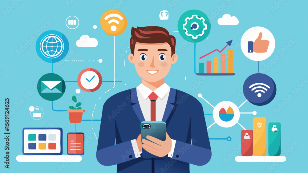 Vector art of man using phone with digital marketing and analytics icons Vector art of man using phone with digital marketing and analytics icons