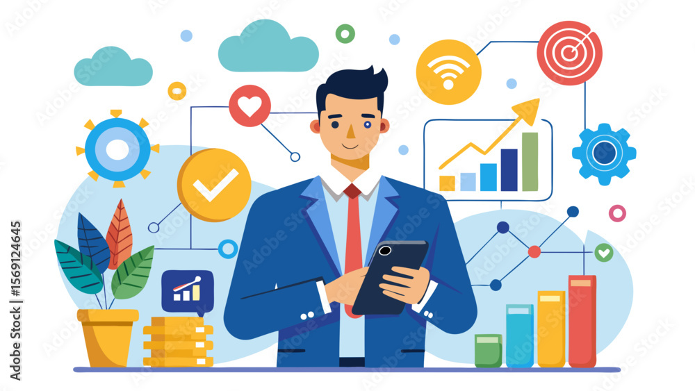 Vector art of a man with a smartphone is surrounded by business and technology icons Vector art of a man with a smartphone is surrounded by business and technology icons