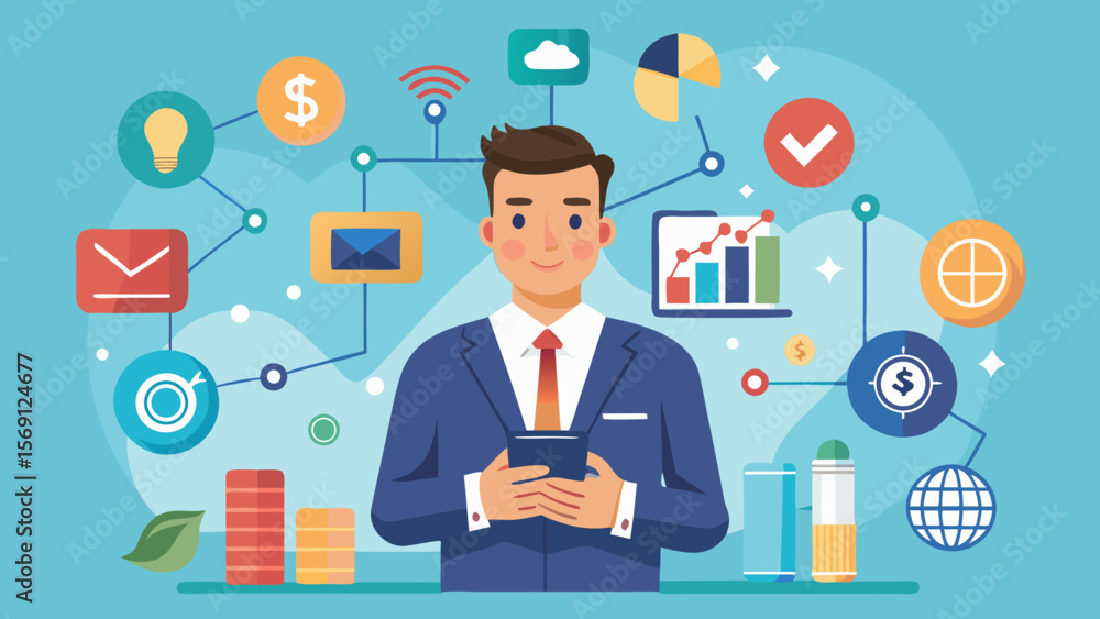 Vector art of a professional uses a smartphone amidst a web of digital business symbols Vector art of a professional uses a smartphone amidst a web of digital business symbols
