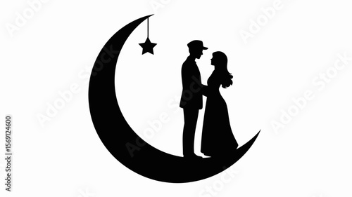 Serene Silhouette: A romantic silhouette of a couple on the moon with star in the night. Ideal for conveying feelings such as love and intimacy.