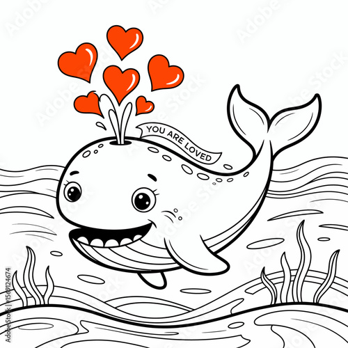 Whale with love: An adorable cartoon whale joyfully splashes water, accompanied by hearts, showcasing a message of love and affection. This enchanting illustration is perfect for spreading positivity.