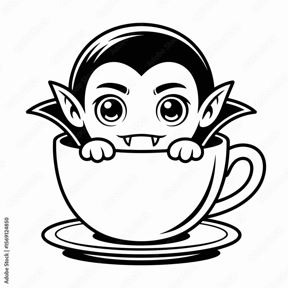 Obraz premium Cute Vampire in Cup: A charming cartoon vampire emerges playfully from a teacup. Its large eyes and sharp fangs adds an unexpected touch of humor and charm, and evokes a feeling of whimsy. 
