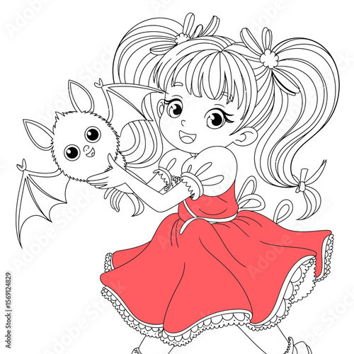 Friendship Embrace: A young girl and a fluffy bat share a heartwarming moment, symbolizing a unique bond of friendship. The black outline creates a playful and engaging image.