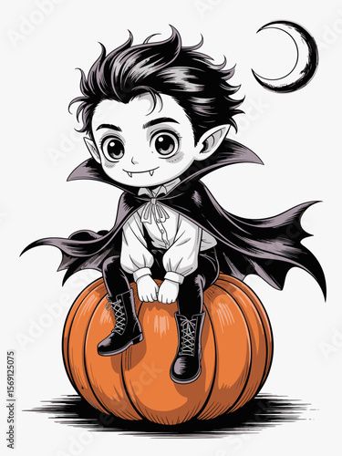 Cute Vampire on Pumpkin: An adorable chibi-style vampire, complete with fangs and cape, sits happily atop a plump orange pumpkin under a crescent moon.
