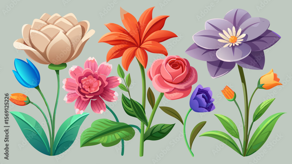 Vector art of a vibrant collection of assorted flowers in full bloom Vector art of a vibrant collection of assorted flowers in full bloom