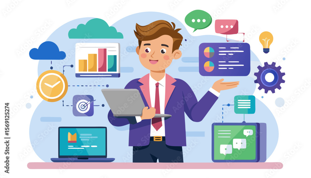 business man with tablet pc and social network icons business man with tablet pc and social network icons