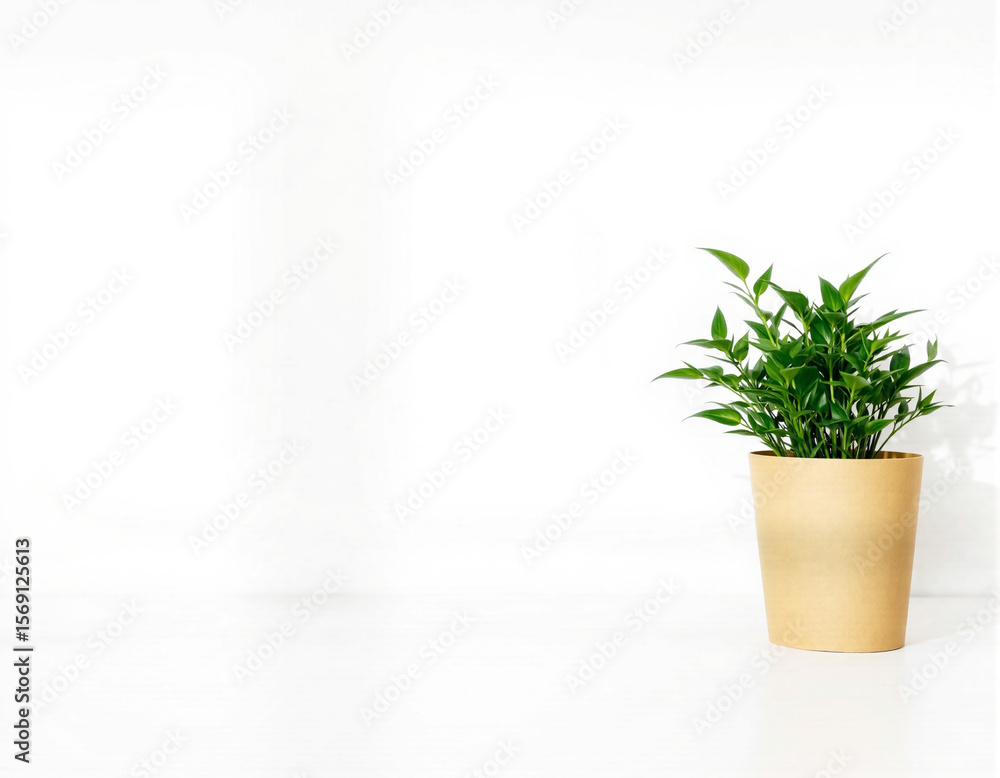Fototapeta premium A potted green plant with lush foliage placed on a white surface against a plain white background, capturing a minimalist and fresh aesthetic