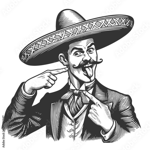 man in a large sombrero, dramatically pointing at his curled mustache with intensity sketch engraving generative ai fictional character vector illustration. Scratch board imitation. Black and white.