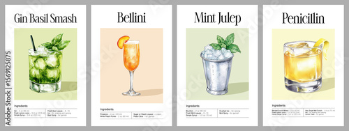 Set of watercolor cocktail illustrations including Gin Basil Smash, Bellini, Mint Julep and Penicillin with garnish and ingredients. Watercolor illustration isolated on white background.