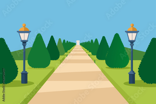 Perfectly Straight Garden Path Flanked By Trimmed Hedges