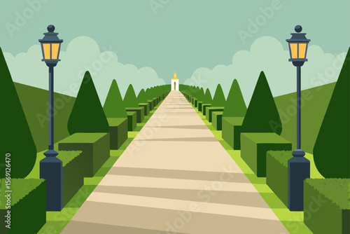 Perfectly Straight Garden Path Flanked By Trimmed Hedges