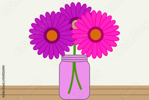Pink And Purple Gerberas In A Mason Jar On A Farm Table