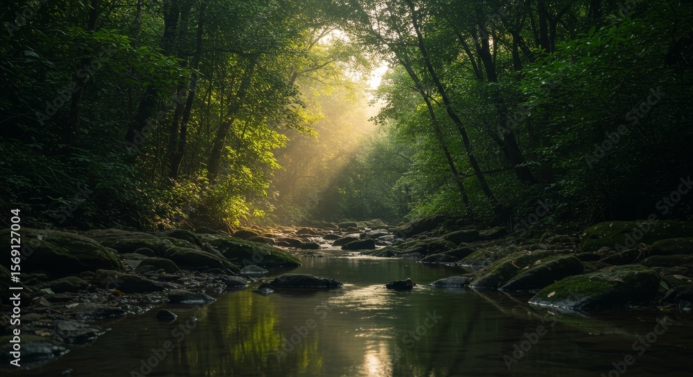 Fototapeta premium Sunlit Stream in Lush Green Forest