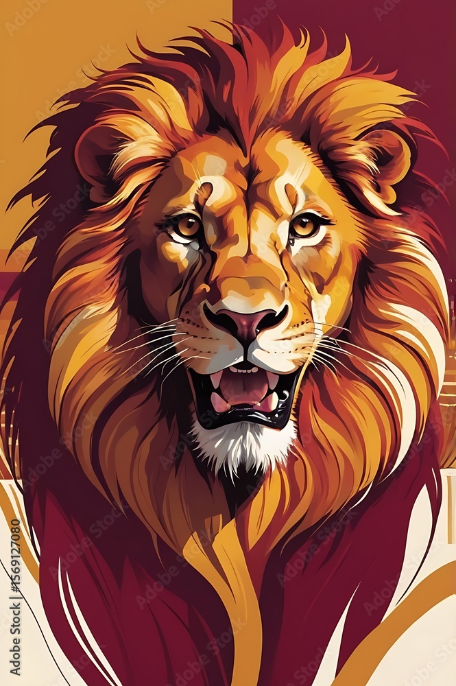 Obraz premium Elegant abstract vector art of a lion in flowing golden and deep maroon hues, minimalist desert background, wide-angle composition for wall poster