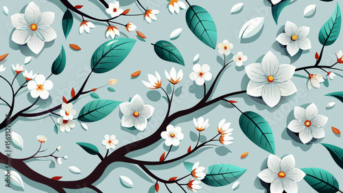 Vector art of white cherry blossoms on dark branches create a charming pattern on a light blue background