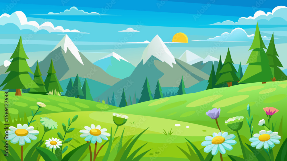 Fototapeta premium Vector art of majestic mountains rise above rolling green hills under a sunny sky